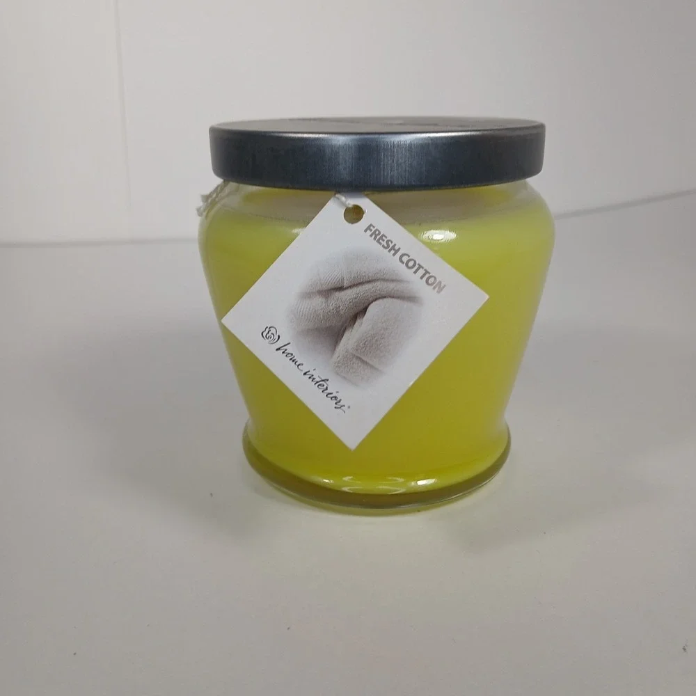 Home Interiors Fresh Cotton 12.5 oz Scented Jar Candle NOS w/Lid Yellow